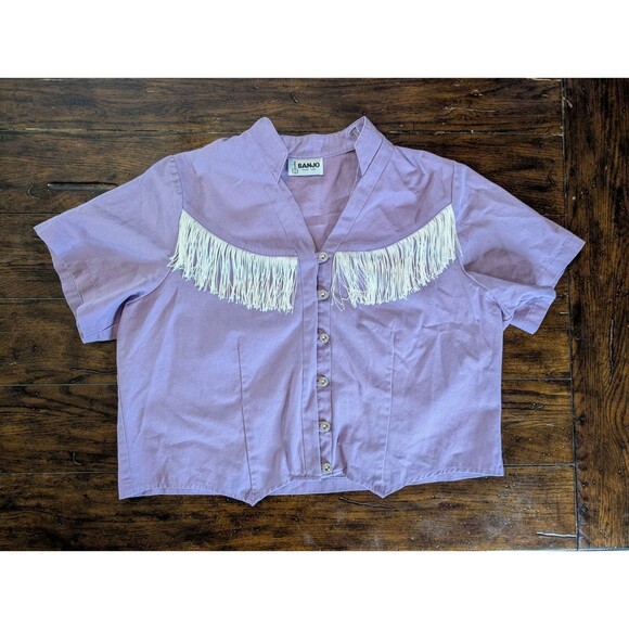 VINTAGE Banjo Western Shirt XL Fringe Cropped Blouse Lilac Cowboy Y2K Rodeo - Picture 1 of 6